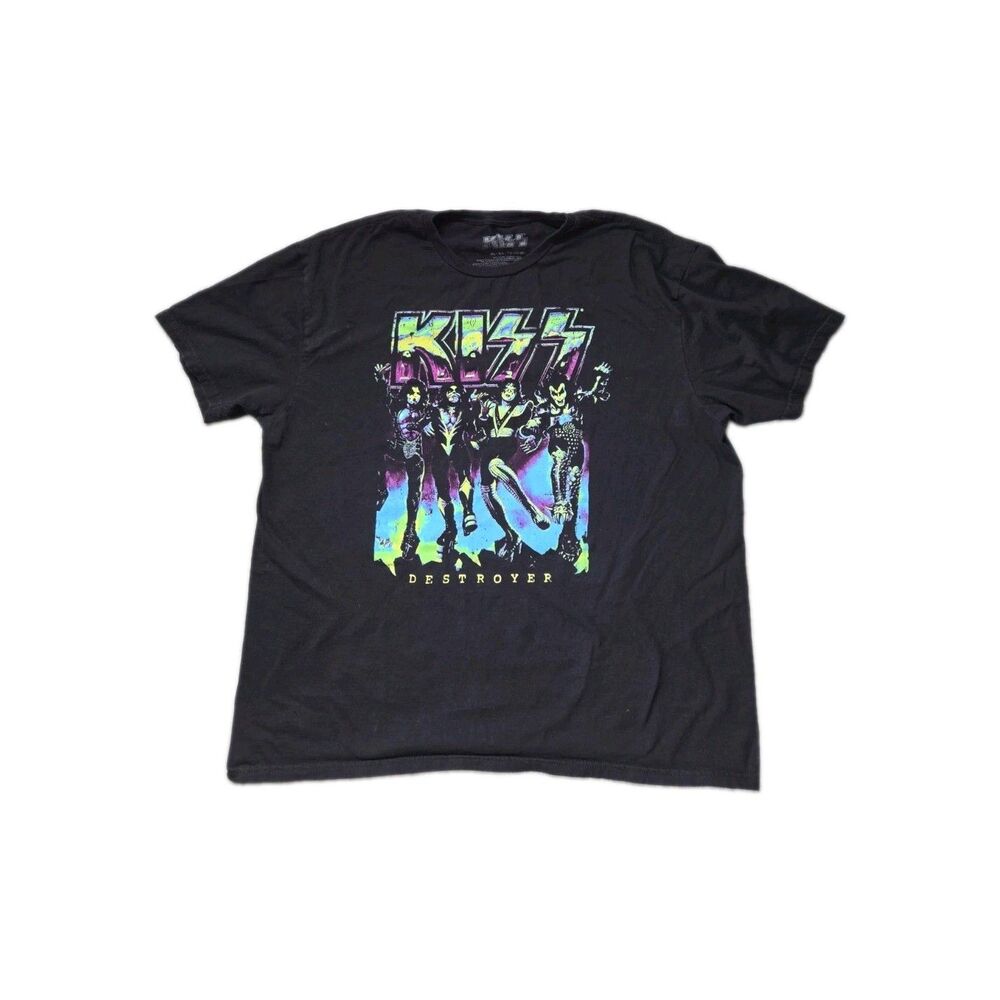 KISS Band Destroyer Graphic T-Shirt Black Neon Rock Music Tee Men's XL GUC